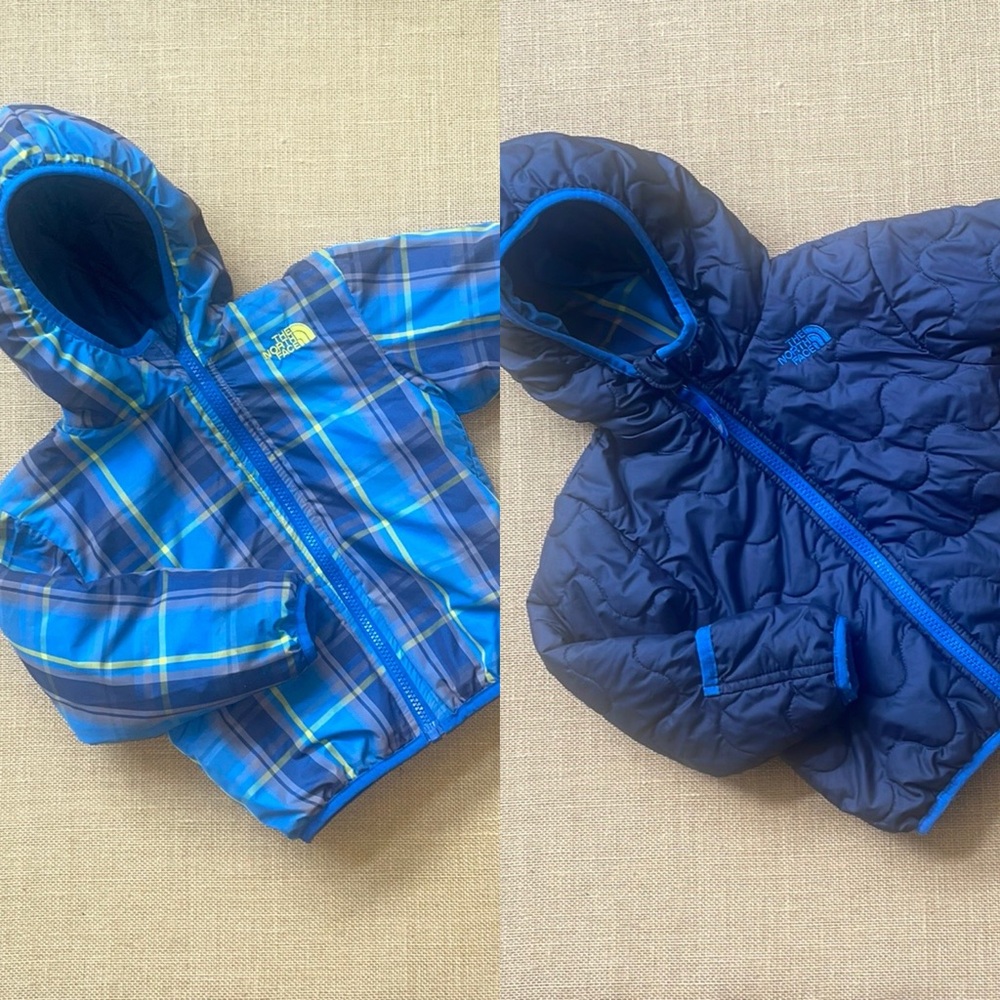 LIKE NEW EUC The North Face reversible insulated jacket, plaid to navy